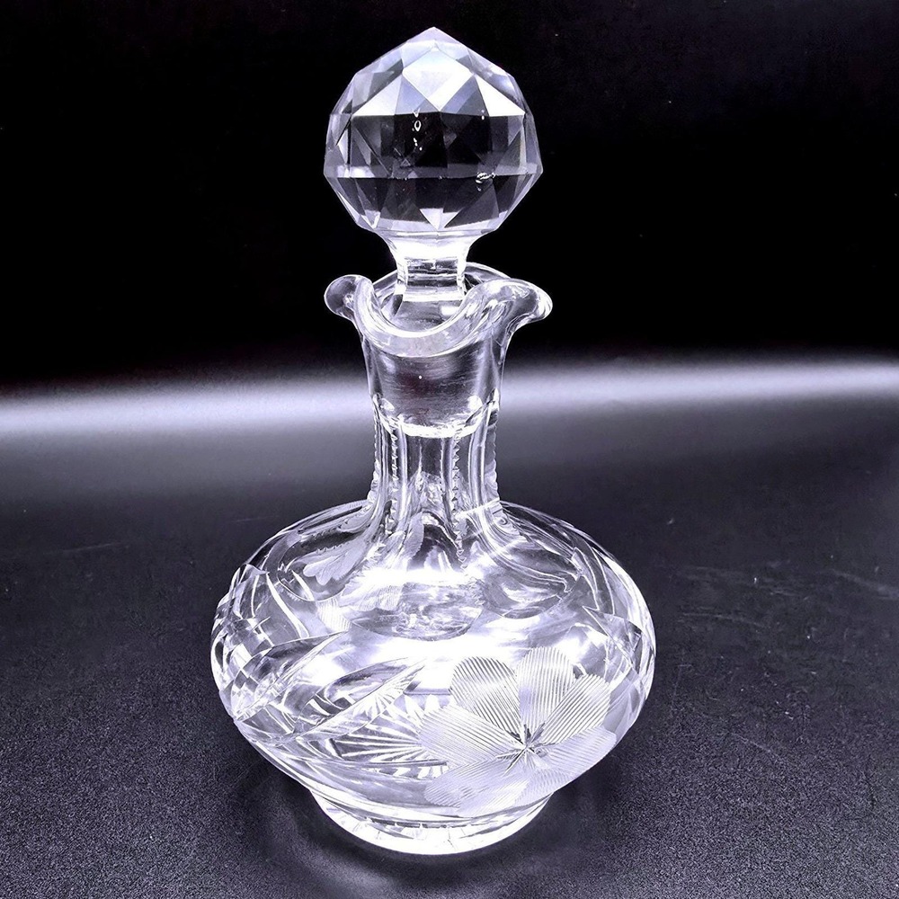 Vintage Cut Crystal Perfume Decanter Etched Floral Design Faceted Stopper 5.75" - Picture 9 of 11